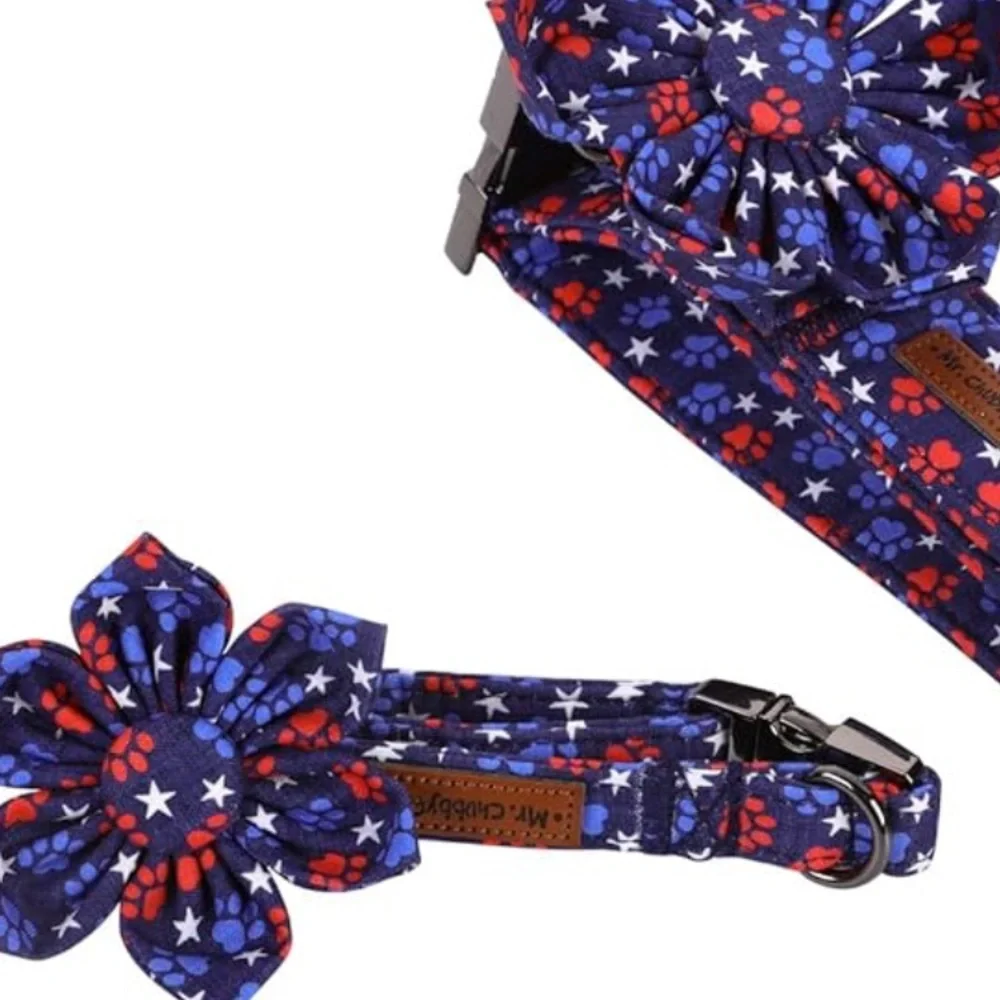 NWT Mr. Chubbyface 4th of July Dog Collar with Flower, XL Adjustable, - Picture 3 of 7